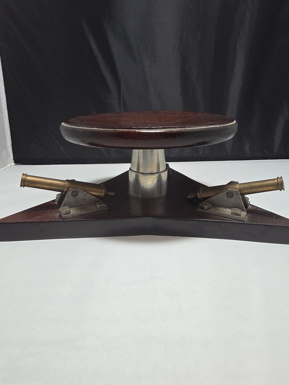 Vintage Wood Rotating Display Stand with 3 Brass Tone Cannons 11.25" (P)